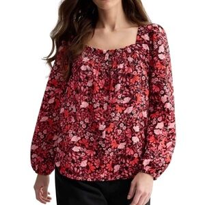 Draper James Allover Geo Red Floral Smocked Square Neck Long Sleeve Top